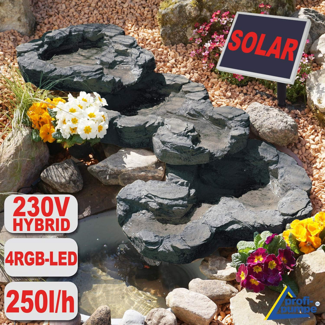 AMUR Solar GARTENBRUNNEN Bachlauf QUELLBACH II mit LED-Licht/Hybrid-System, 230V ZIERBRUNNEN VOGELBA
