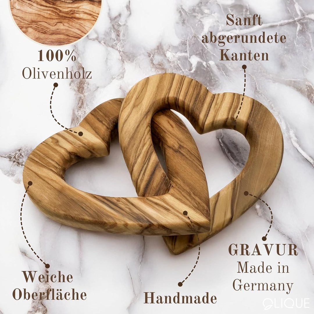 Holzherzen, Olivenholz - Verbundene Holz Herzen als individuelles Geschenk zur Hochzeit, Hochzeitsta