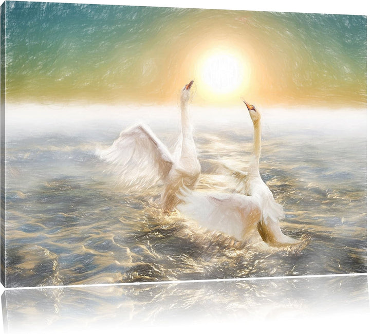 Pixxprint Schwäne im Meer als Leinwandbild/Grösse: 100x70 cm/Wandbild/Kunstdruck/fertig bespannt, 10