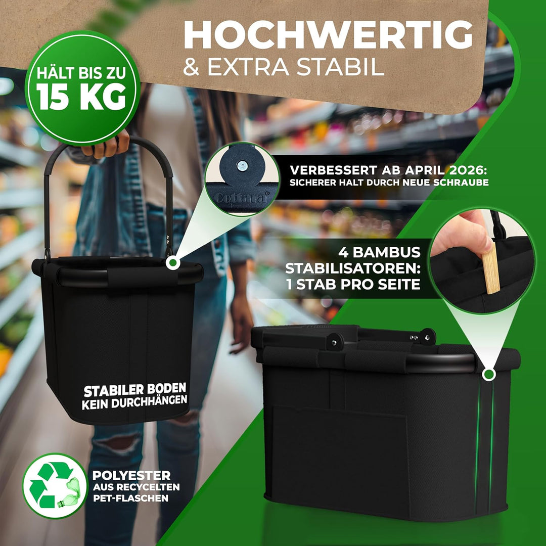 Cottara® stabiler Einkaufskorb gross | Einkaufskorb faltbar mit verstärktem Boden, Frontfach und Inn