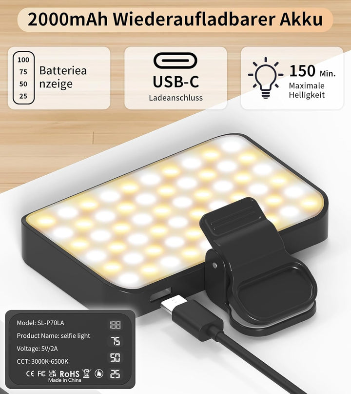 TONEOF Selfie Licht,LED Tragbar Fotostudio Blitzlicht,2000mAh Wiederaufladbares Licht mit Drehbarem