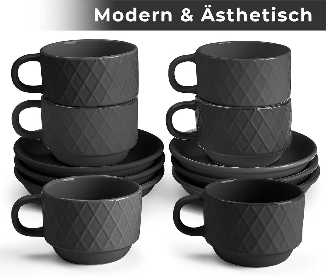 MIAMIO – 6 x 75 ml Espresso Tassen/Espressotassen Set mit Ständer Steingut Keramik - Palmanova Kolle