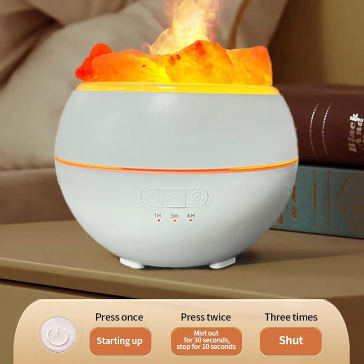 Salzsteinbefeuchter mit LED Umgebungslicht, Flammenlicht und Regenbogengradient USB Aromatherapie Ma