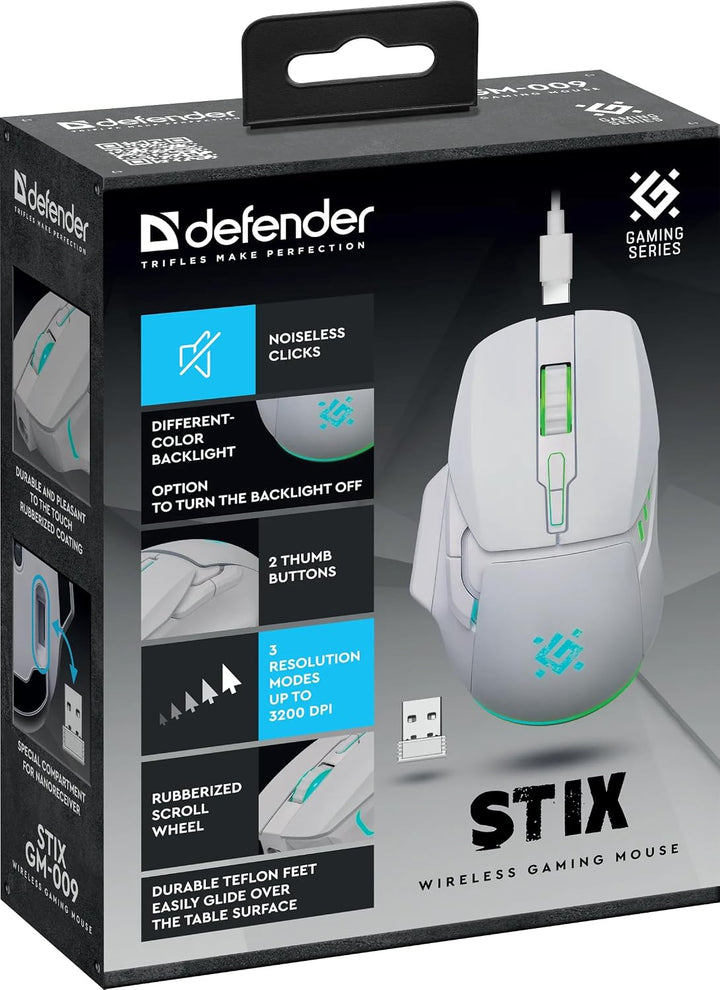 Defender® STIX Kabellose Gaming Maus - Geräuschlose Klicks - 5 programmierbare Tasten - RGB-Beleucht