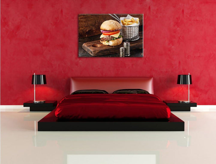 Cheesburger mit Pommes, Format: 100x70 auf Leinwand, XXL riesige Bilder fertig gerahmt mit Keilrahme