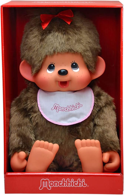 Sekiguchi 255630 - Original Monchhichi Mädchen, Plüschtier mit weiss-pinkem Lätzchen und roter Schle