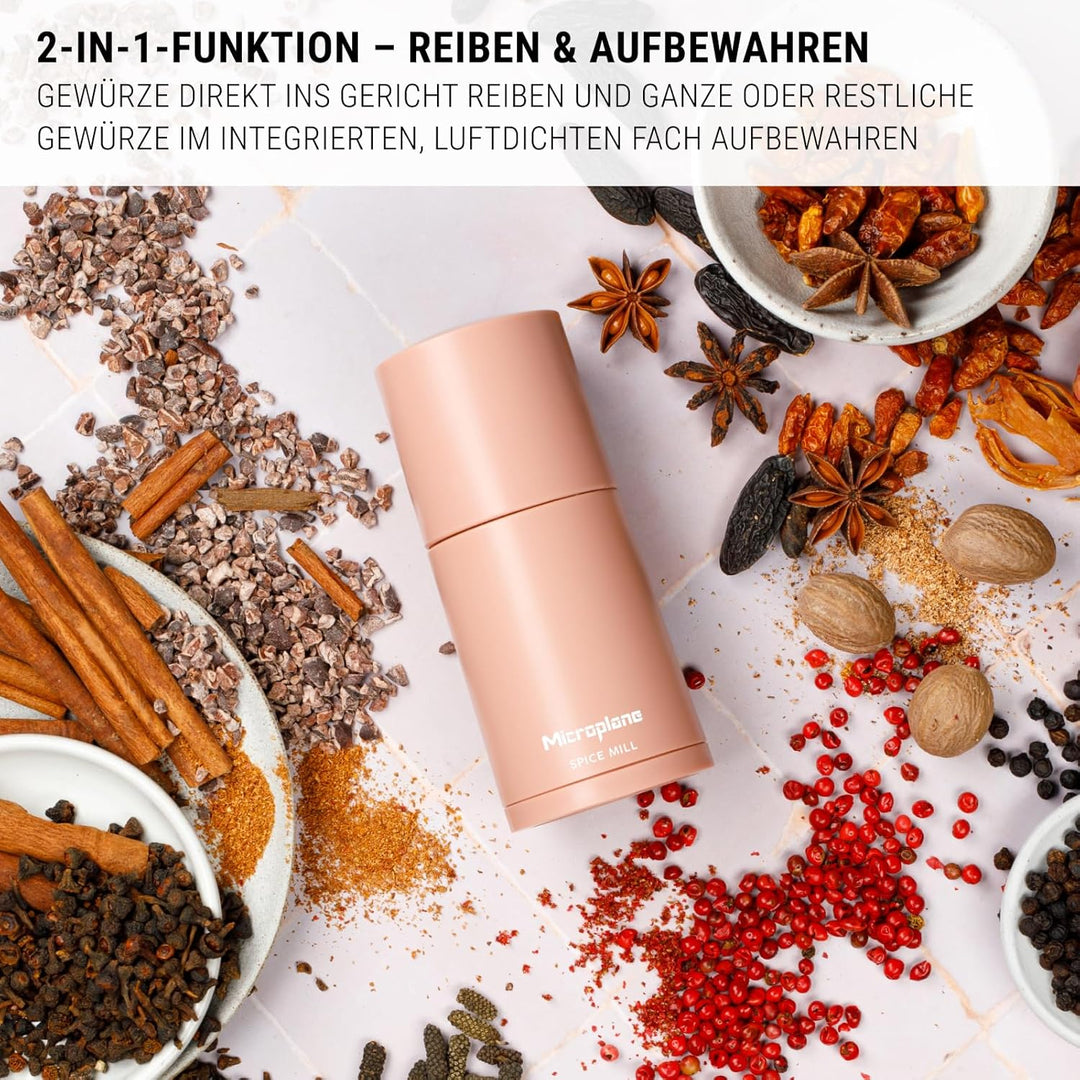 Microplane Gewürzmühle 2in1 – Altrosa | Manuelle Mühle mit rasiermesserscharfer Edelstahlklinge | Re