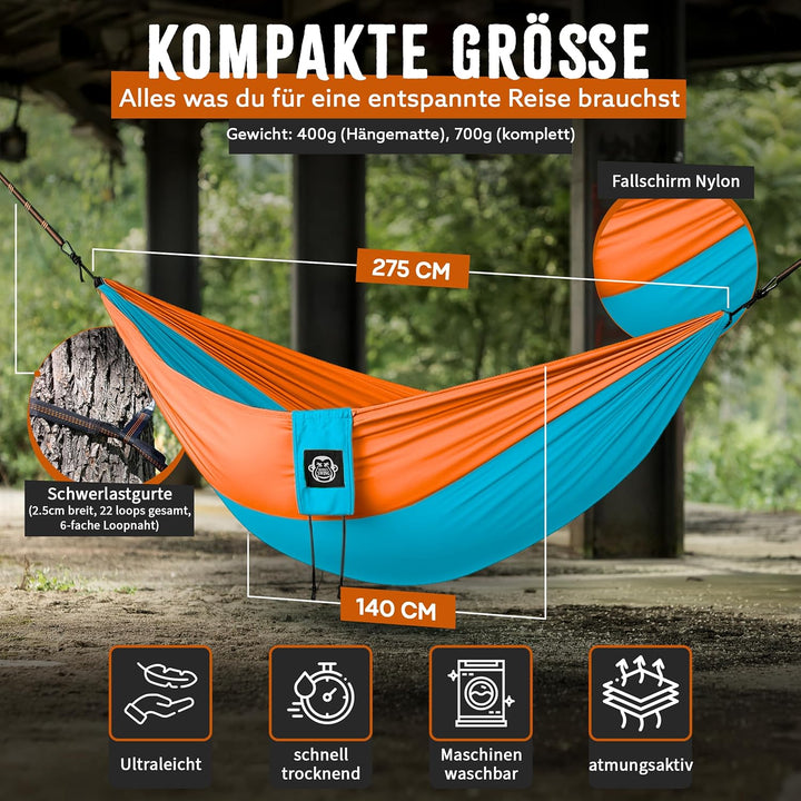 Monkey Swing Hängematte inkl. Aufhängeset I 275 x 140 cm I für Outdoor, Travel, Trekking &amp; Camping,