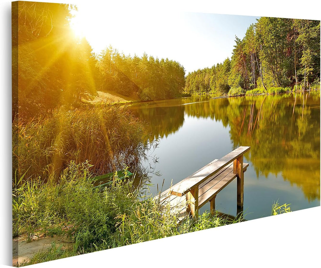 islandburner Bild auf Leinwand Sommerlandschaft Waldsee Sonnenstrahlen Bilder Wandbilder Poster, Lei