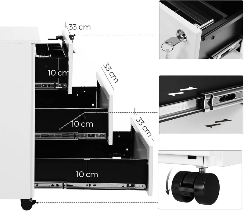 SONGMICS Rollcontainer, Metallschrank, mobiler Aktenschrank, Druckertisch, abschliessbar, 3 Schublad