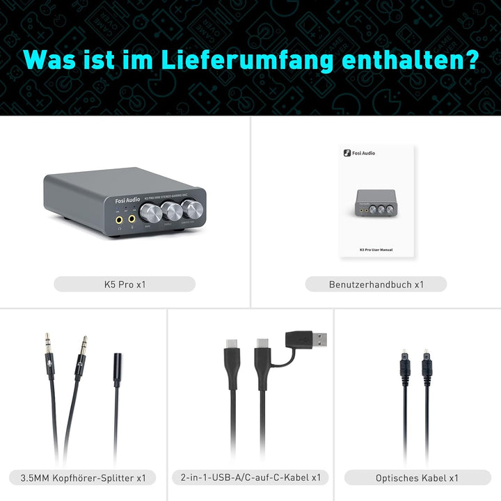 Fosi Audio K5 Pro Gaming DAC Kopfhörer Verstärker Mini Hi-Fi Stereo Digital-zu-Analog Audio Konverte