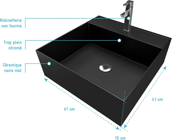 Squary Dark Waschbecken, quadratisch, Keramik, Schwarz, 41 x 41 x 15 cm 40x40x15cm Schwarz, 40x40x15