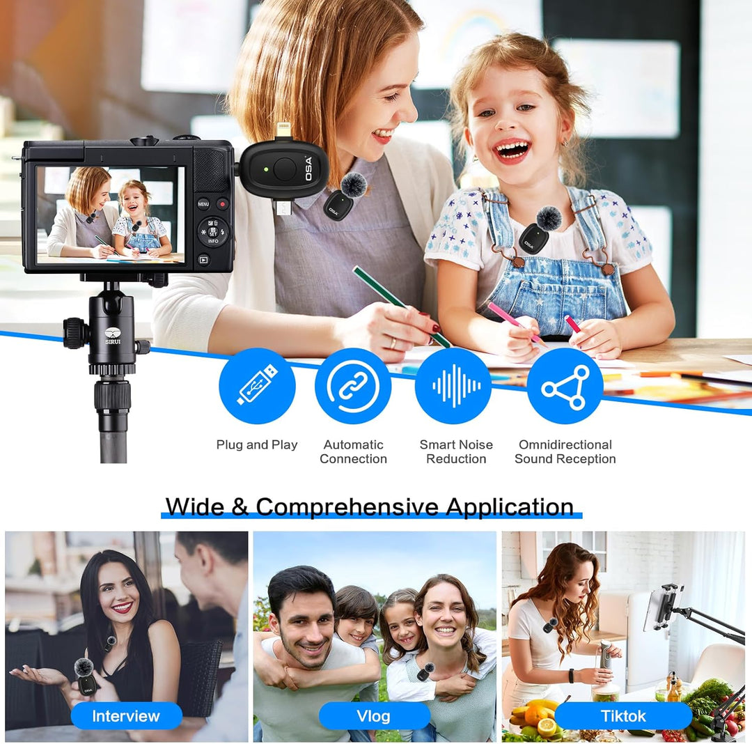 OSA 3 in 1 lavalier mikrofon für Kamera,IOS,Android,und Laptop, 2.4G Ultra Low Delay 8H Lange Arbeit