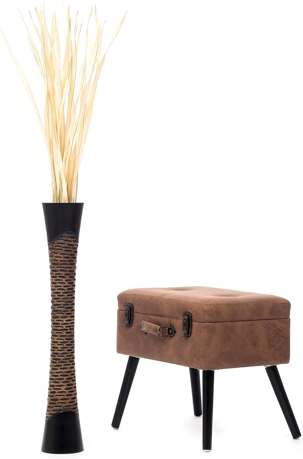 Leewadee Grosse Bodenvase für Dekozweige hohe Standvase Design Holzvase, Holz, 90 cm, Schwarz Braun