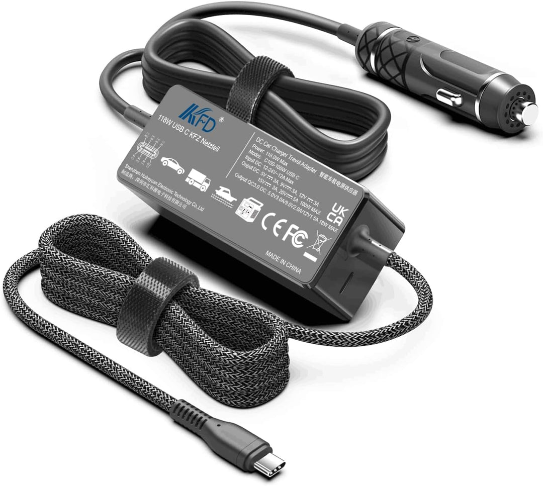 KFD 118W USB-C KFZ Ladegerät Auto Ladekabel DC 12V-24V Netzteil für MacBook Air Pro, Dell XPS, HP Sp