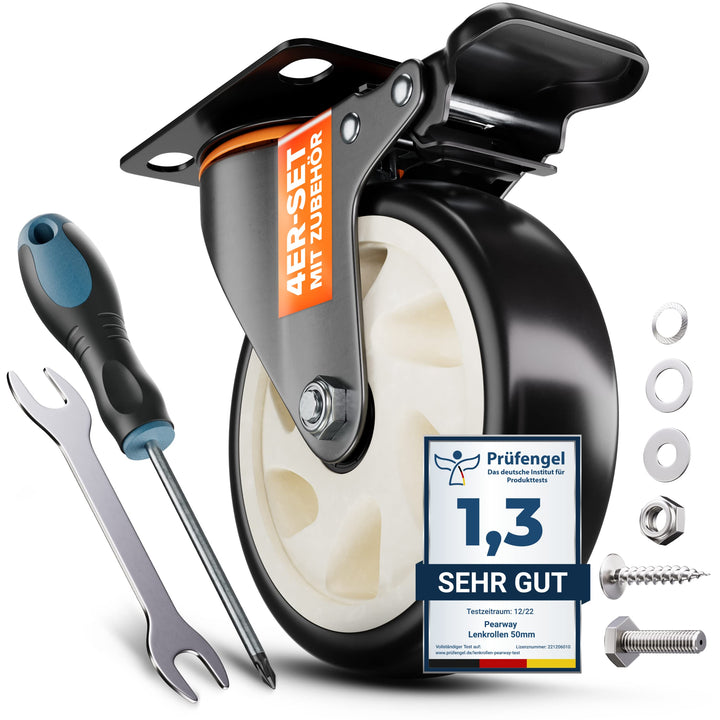 PEARWAY™ Premium Lenkrollen 125mm mit Bremse [4 Stk bis 680kg] inkl. Montagezubehör I Robuste Transp