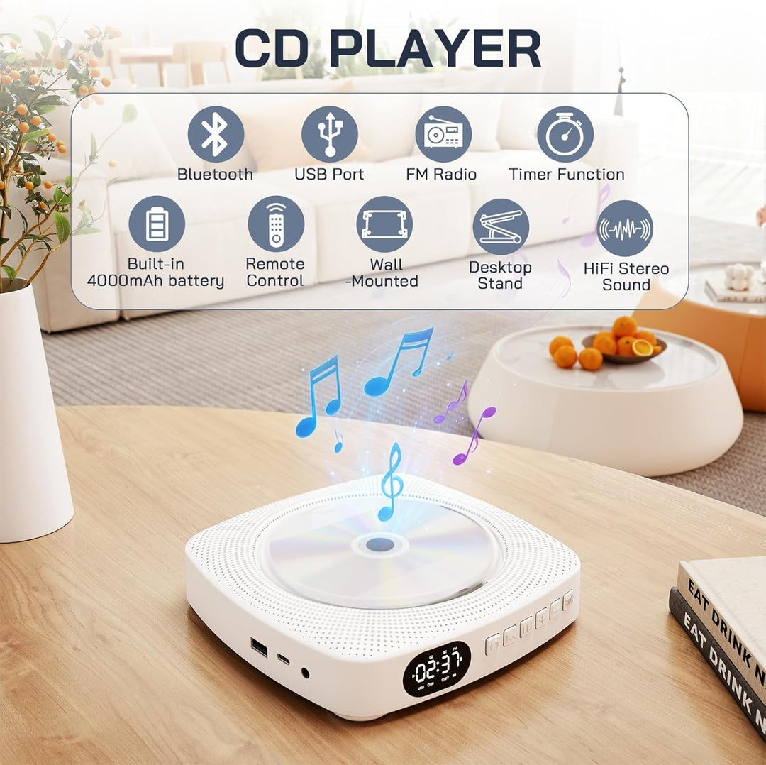 WOLFANG Tragbarer CD-Player WDV04 für Zuhause &amp; Outdoor, Bluetooth-CD-Player mit Lautsprechern, inte