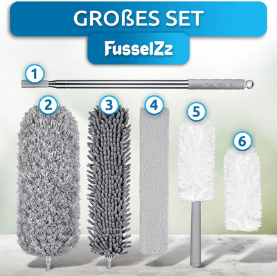FusselZz® dust it Staubwedel teleskop waschbar [GROssES Set] – lang ausziehbar bis 2,45 m – Spinnweb