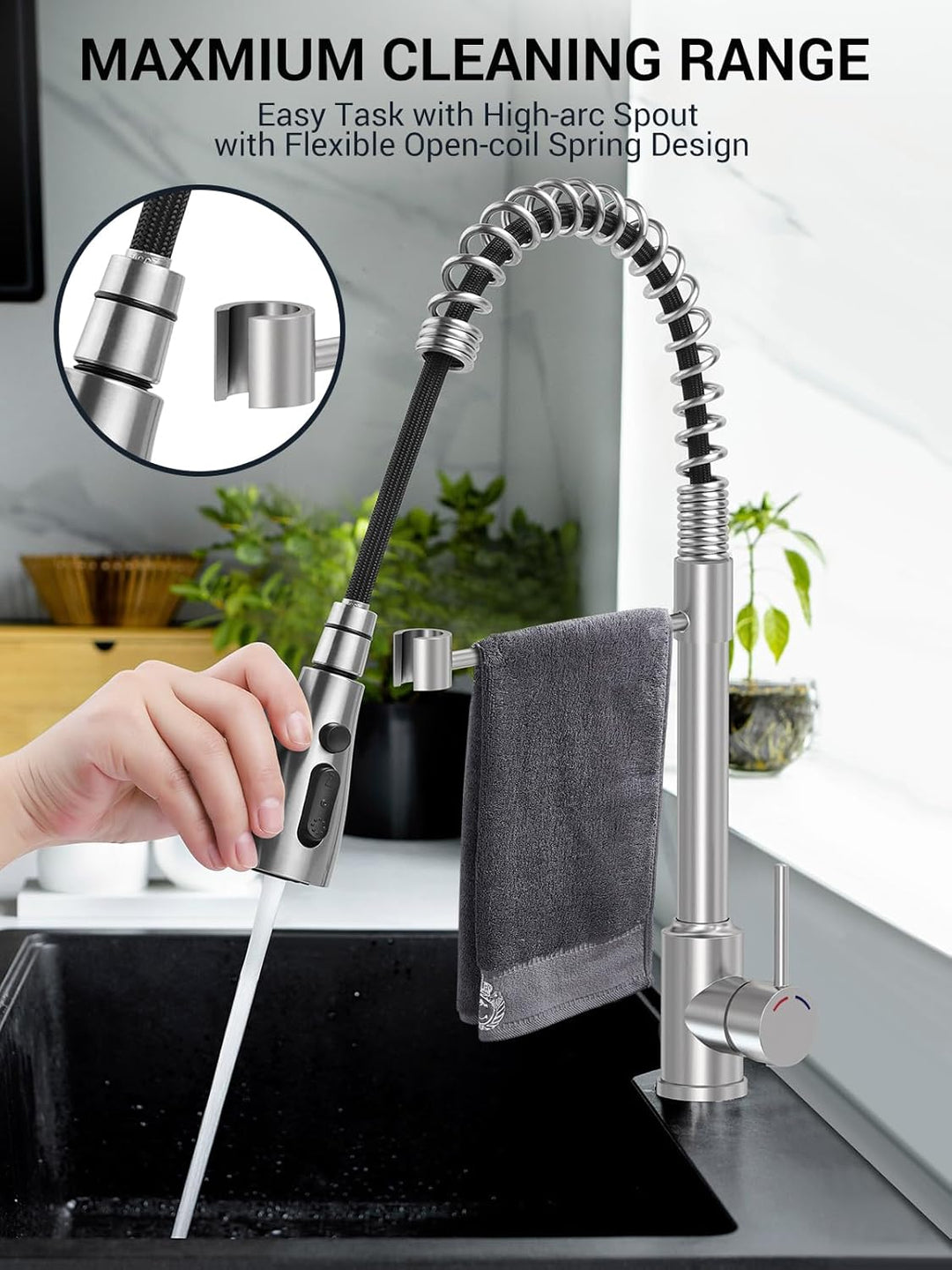 Wasserhahn Küche Ausziehbar - Hochdruck Mischbatterie Küchenarmatur mit 360° Drehbarer Auslauf, 4 Mo