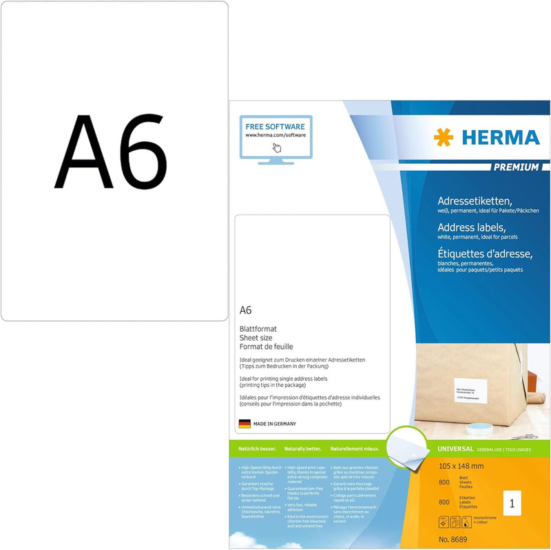 HERMA 8689 Universal Etiketten, 800 Blatt, 105 x 148 mm, 1 Stück pro A6 Bogen, 800 Aufkleber, selbst