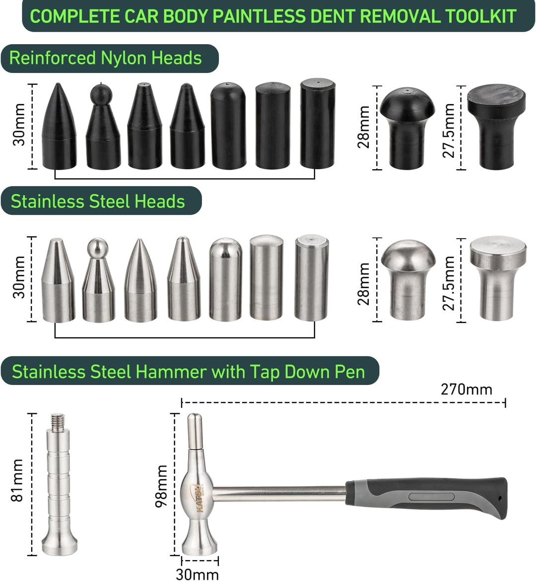 KATSU Tools 20 Stück Auto Karosserie Panel Dent Repair Tool Set - Edelstahl Hammer mit Tap Down Pen