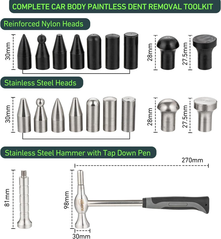 KATSU Tools 20 Stück Auto Karosserie Panel Dent Repair Tool Set - Edelstahl Hammer mit Tap Down Pen