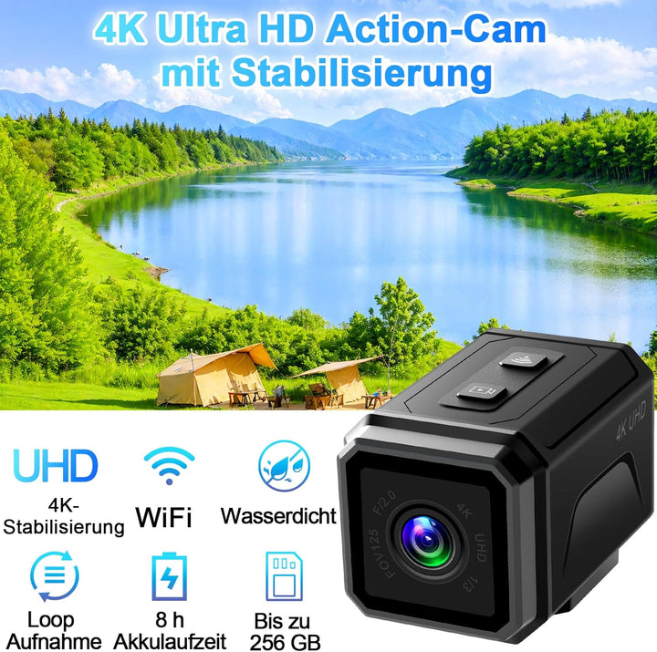 Action Cam WiFi, 4K Stabilisierung Hotspot Actionkameras, 8-Stunden-Akku & 140° Weitwinkel Helmkamer