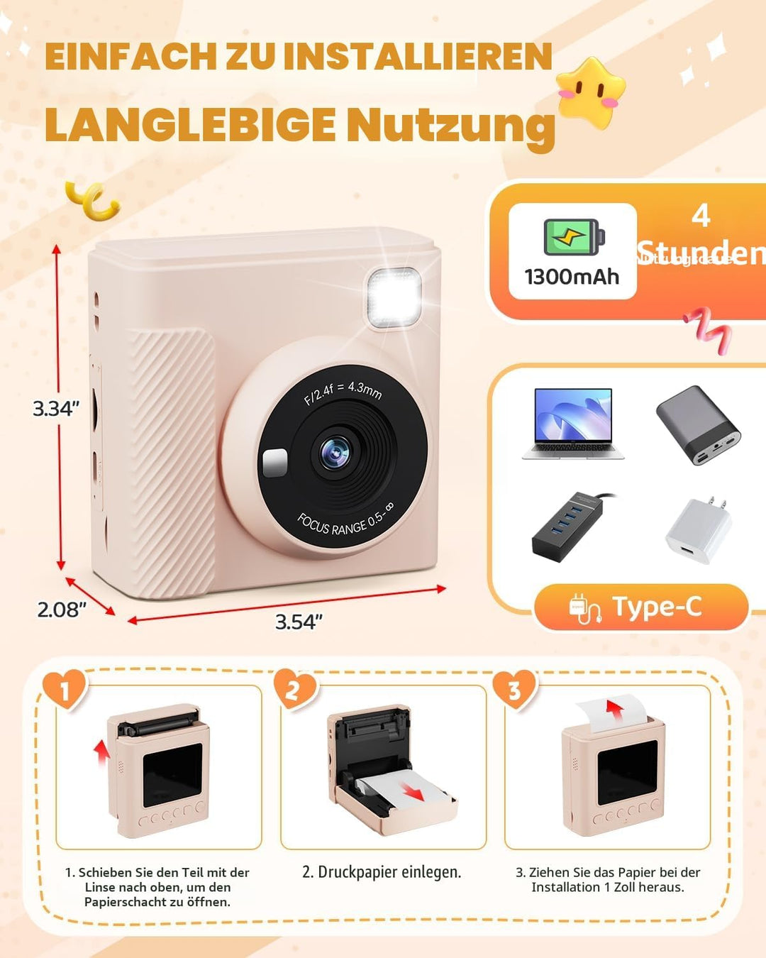 Kinderkamera Sofortbildkamera, 2,4 Zoll Sofortbildkamera Kinder mit 32G Karte und Fotopapier Drucken
