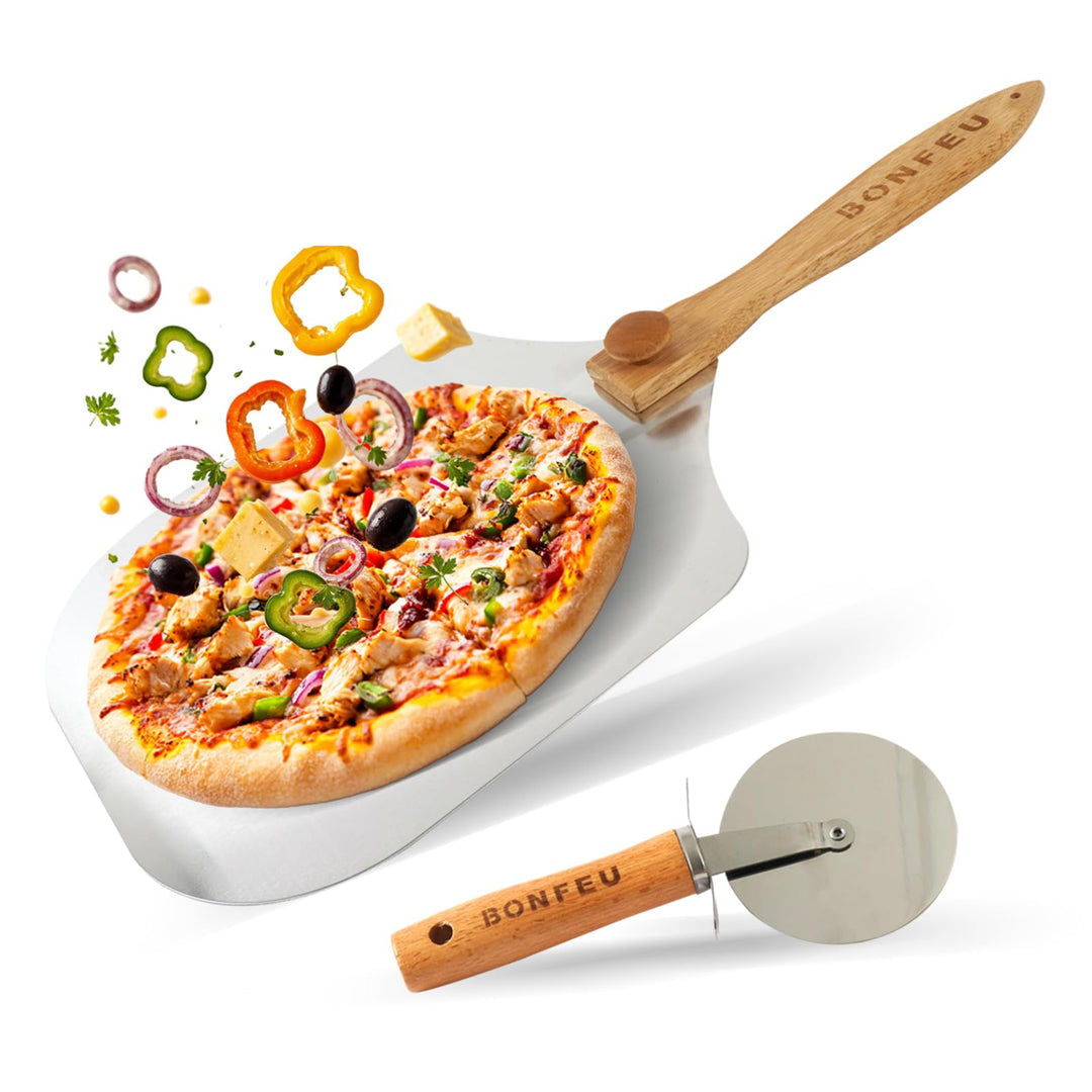 BonFeu Pizzaschieber und Pizzaschneider Set - Pizzaschaufel mit Abnehmbarem Holzgriff - Pizza Schieb