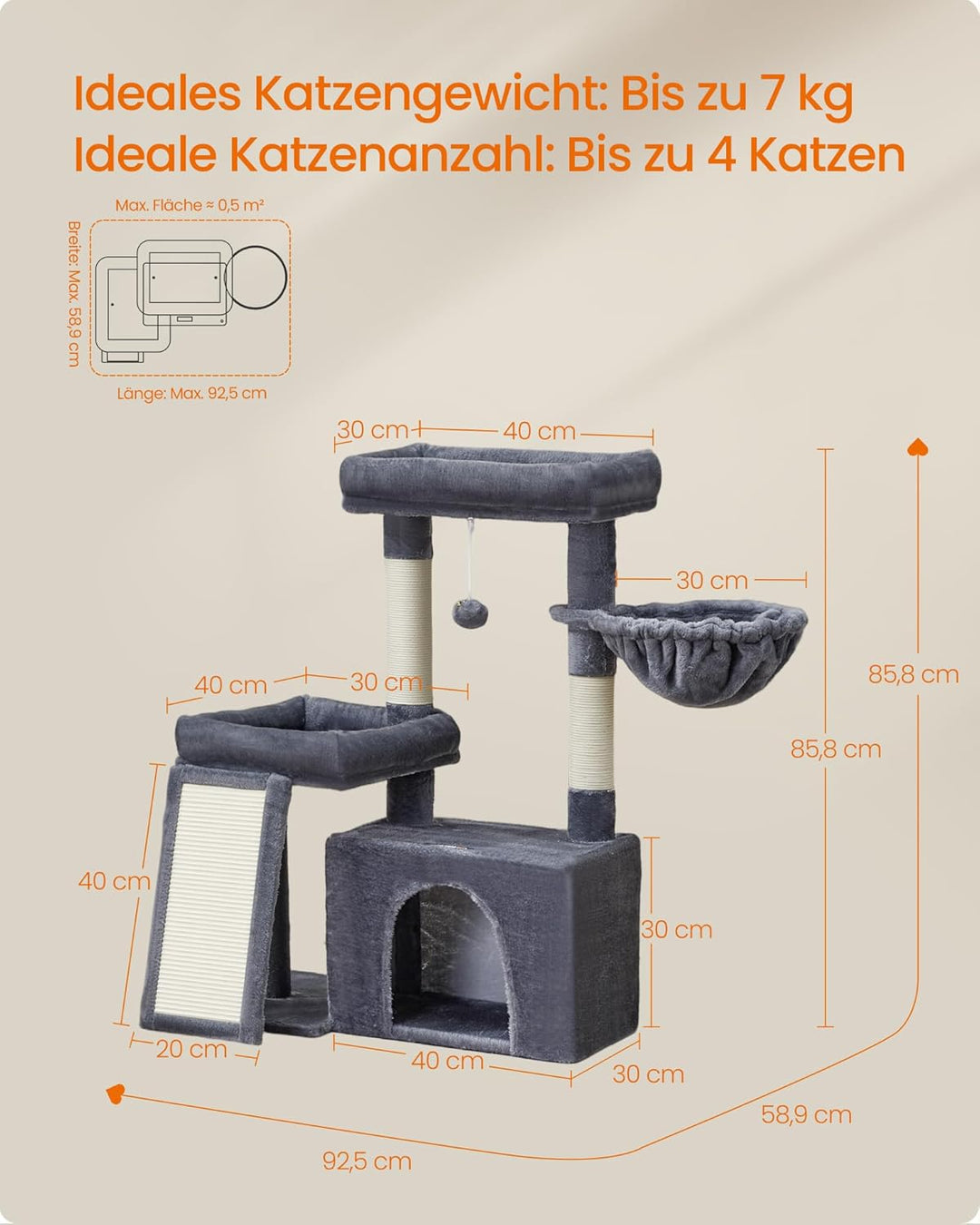 Feandrea Kratzbaum, Katzenbaum mit Kratzsäulen, Rampe, Katzenkratzbaum, 2 grosse Plattformen, Höhle