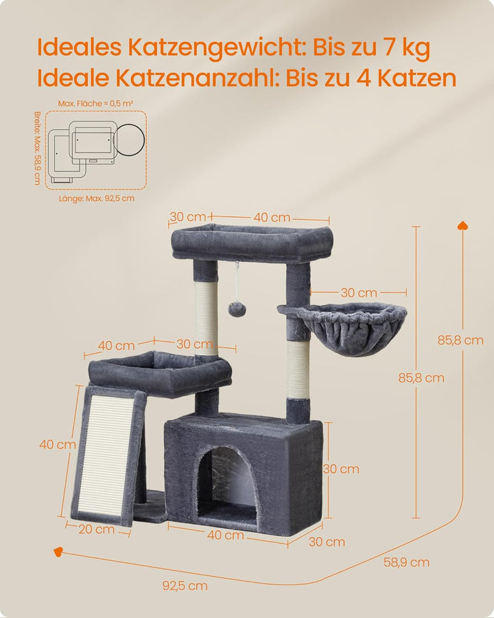 Feandrea Kratzbaum, Katzenbaum mit Kratzsäulen, Rampe, Katzenkratzbaum, 2 grosse Plattformen, Höhle