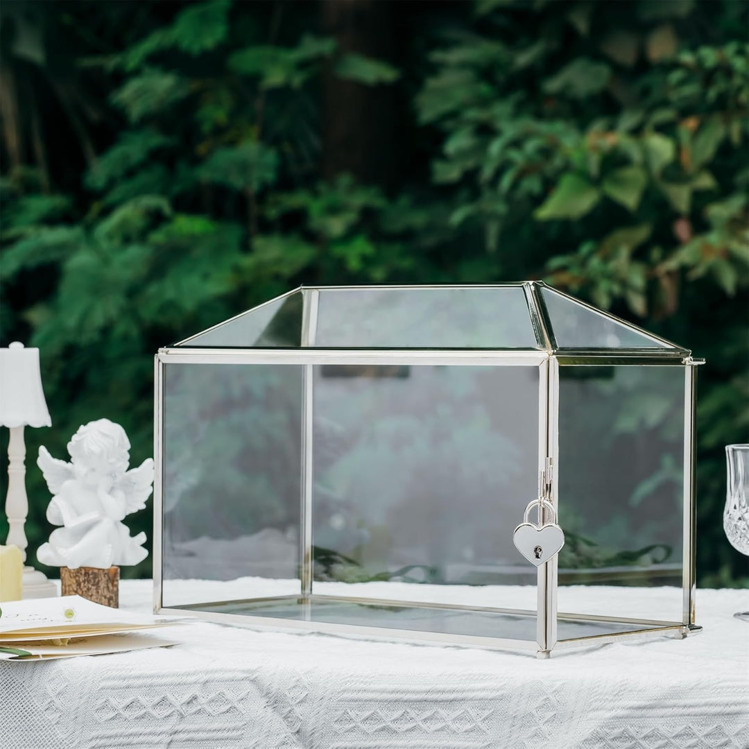 NCYP 32x15x23cm Silberfarbene Hochzeitskarten-Box aus Glas mit Schlitz und Schloss, Handgefertigt De