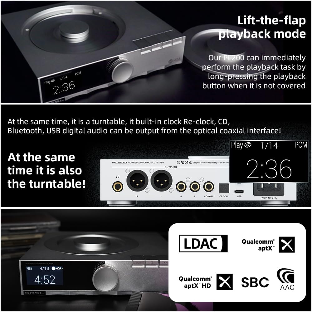 SMSL PL200 MQA-CD-Player Plattenspieler HiFi Lossless AK4499EX Chip Bluetooth Wiedergabe Dekodierung