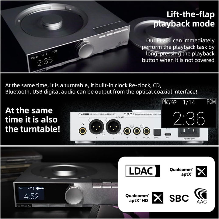 SMSL PL200 MQA-CD-Player Plattenspieler HiFi Lossless AK4499EX Chip Bluetooth Wiedergabe Dekodierung