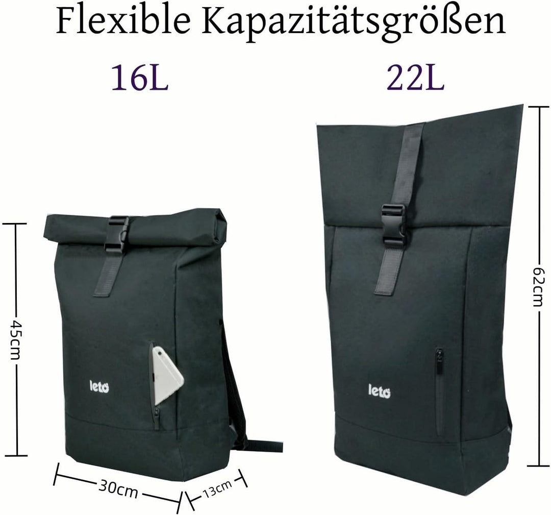LETO Rolltop Rucksack Damen &amp; Herren,Unisex Wasserdicht Rollrucksack Mit Laptopfach Travel Backpack,