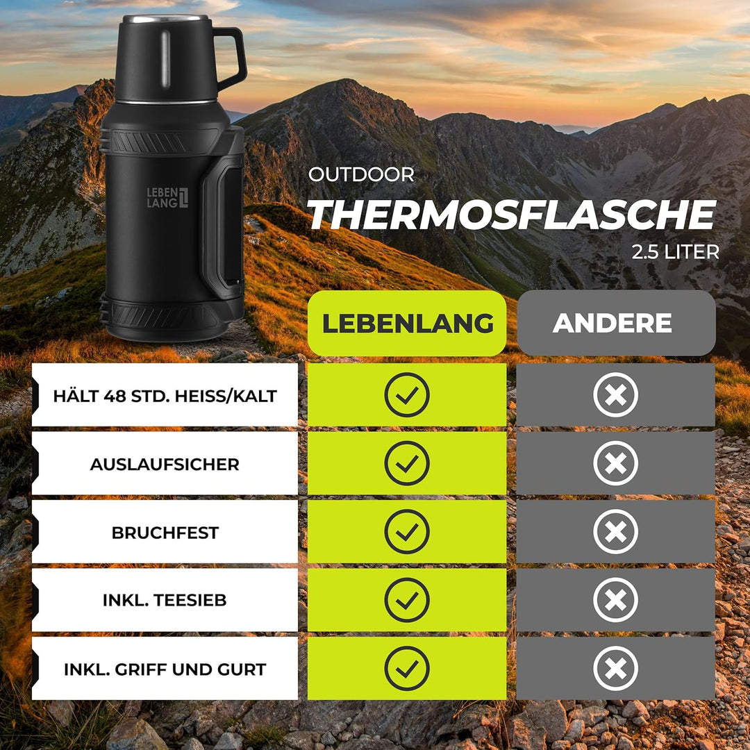 LEBENLANG Thermosflasche 2,5 Liter - 24h Heiss Inkl. Becher, Teesieb, Tragegurt I Trinkflasche Therm