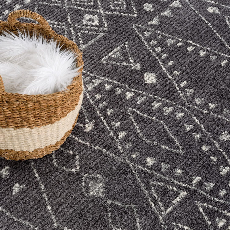 payé Teppich Läufer Ethno Berbermuster - Grau 80x300cm - Hochflor weich Boho Schlafzimmer Flur Dekor