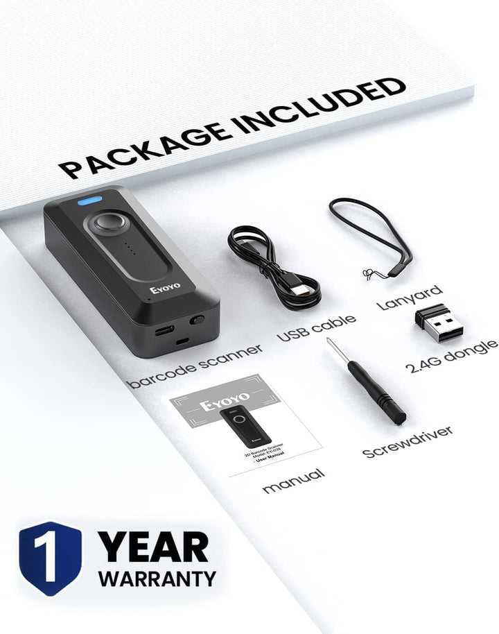 Eyoyo 2D Bluetooth Barcode Scanner mit Klipp, 2000mAh Akku mit Füllstandsanzeige, tragbarer Mini Wir