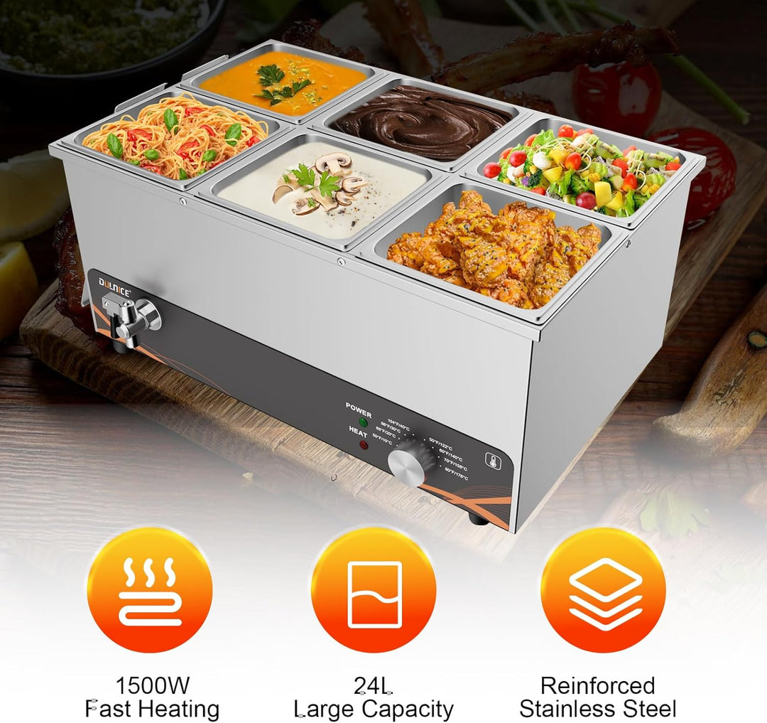 DULNICE Bain Marie Speisewärmer Elektrische Edelstahl 1500W 6 GN-Behältern Wasserbad mit Ablaufhahn,