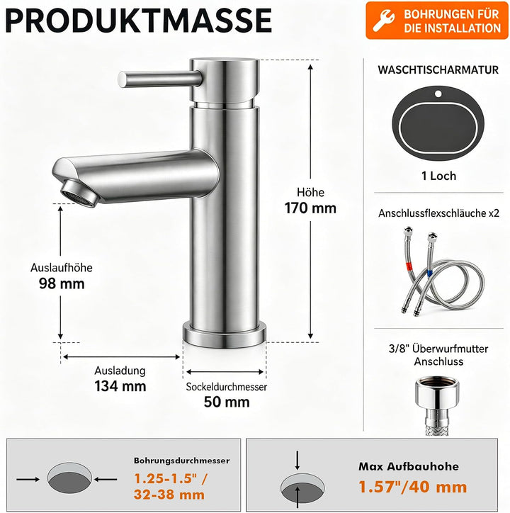 Ibergrif M11103, Wasserhahn Bad Edelstahl- Mischbatterie, Waschtischarmatur Infache Montage, Armatur