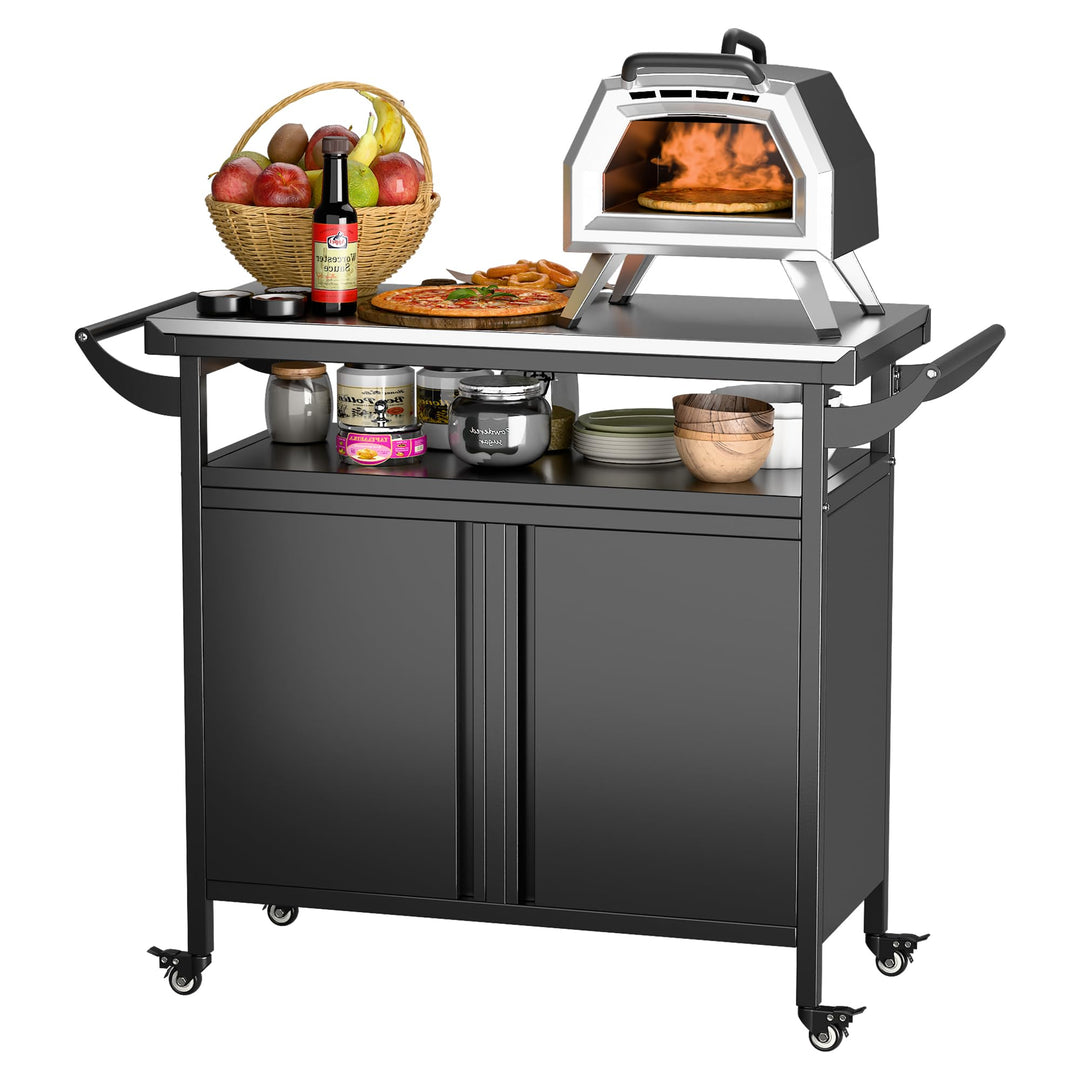 Grillwagen Grilltisch, Pizzatisch mit 4 Rollen,304 Tischplatte aus Edelstahl,Rollwagen zum Grillen,