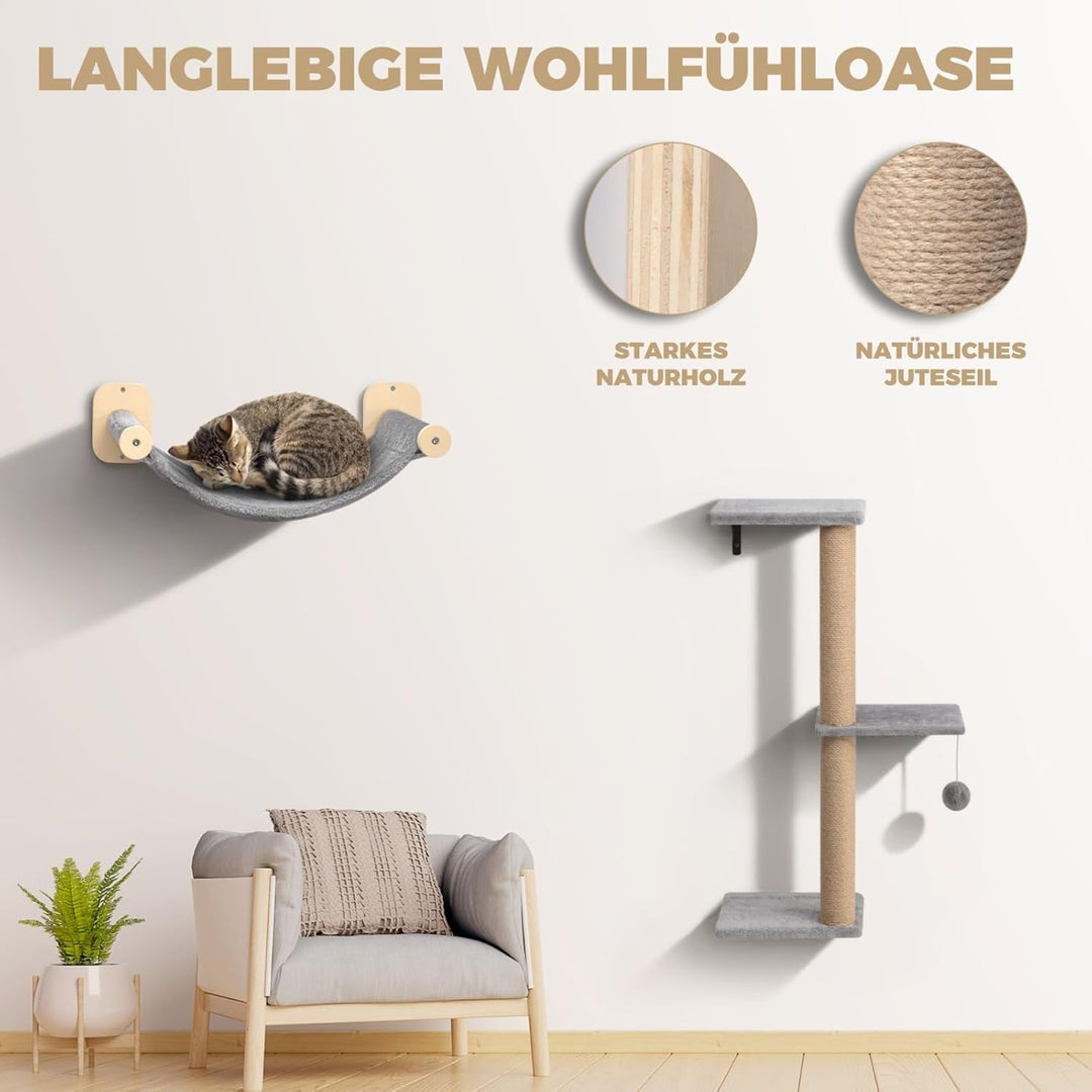 WOOWOOD® Kletterwand Katzen Set inkl. Katzentreppe Wand I Kratzbaum Wand I Hängematte Katze I Wandkr