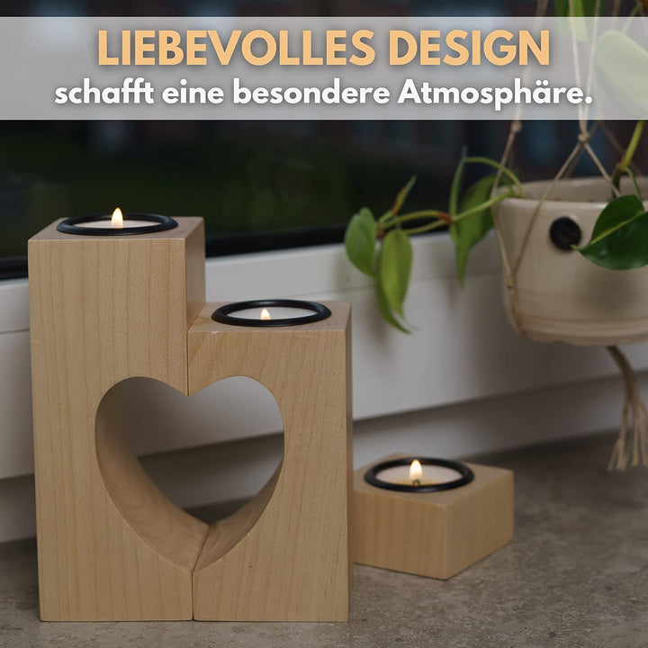 Plogis Herz Teelichthalter aus Holz -Set aus 3 Dekorativen Kerzenständern | Herz Deko & Romantische