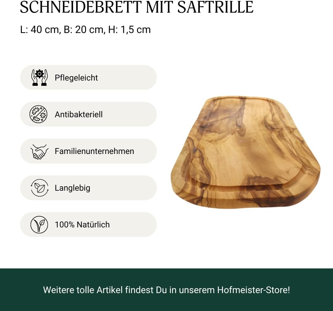HOFMEISTER® Schneidebrett mit Saftrille, aus Olivenholz, 40 cm Schneidebrett Olivenholz mit Saftrill