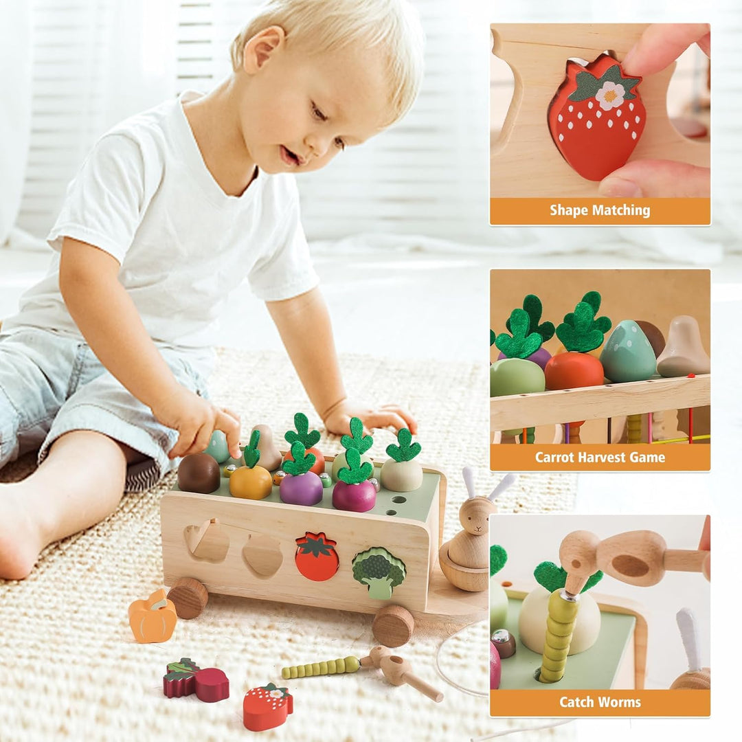 WOODEN TEETHER Montessori Holzspielzeug ab 1 2 3 Jahr, Steckspiel Sortierspiel Holzpuzzle Karottener