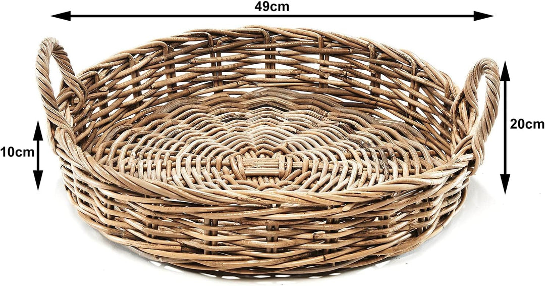 Kobolo Tablett Dekotablett Serviertablett aus Rattan rund -kubu grau- 49x49x10cm