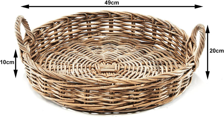 Kobolo Tablett Dekotablett Serviertablett aus Rattan rund -kubu grau- 49x49x10cm
