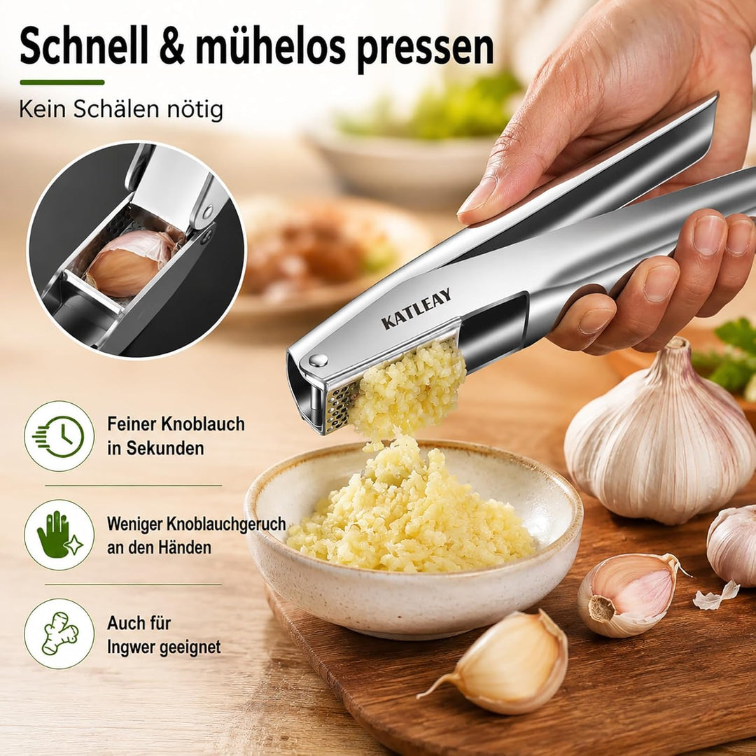 Profi Knoblauchpresse Edelstahl, Garlic Press Spülmaschinenfest - mit Schäler und Bürste, Leicht zu