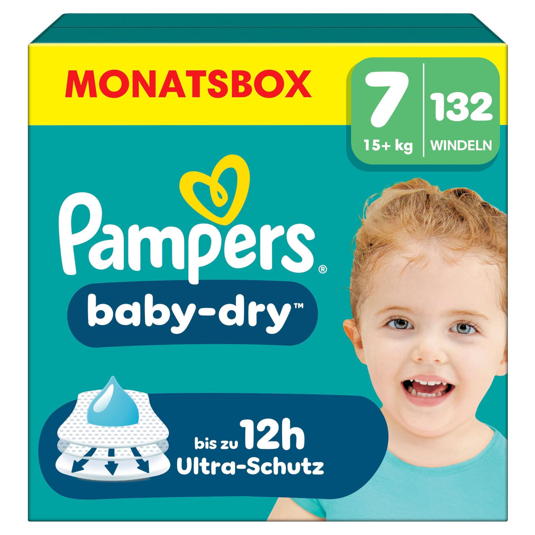 Pampers Windeln Grösse 7 (15kg+) Baby-Dry, Extra Large, MONATSBOX, bis zu 12 Stunden Rundum-Auslaufs