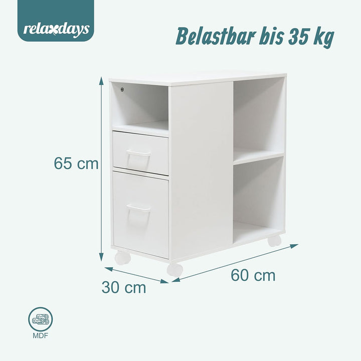 Relaxdays Rollcontainer, 2 Schubladen, 3 Fächer, HxBxT: 65 x 30 x 60 cm, MDF, Büro Unterschrank, Akt